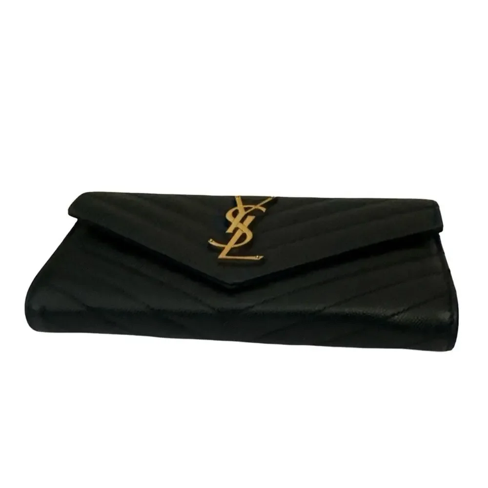 Saint Laurent Black Chevron Leather Wallet with Gold YSL Emblem Crossbody - Picture 4 of 11